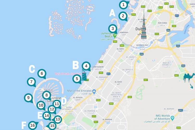 Carte les hôtels de plage de dubai