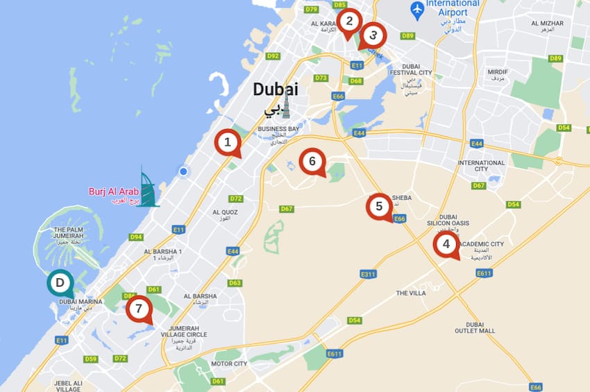 carte dubai marina et situation des écoles francaises à dubai