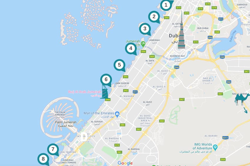 carte des plages de dubai